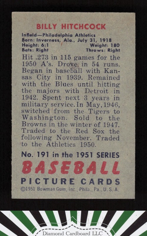 1951 Bowman #191 Billy Hitchcock VGEX+, back