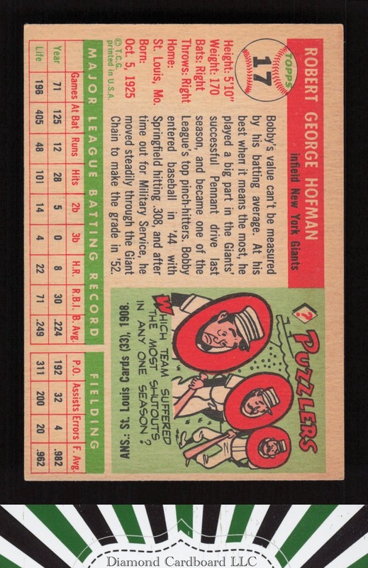 1955 Topps #17 Bobby Hofman VGEX j, back