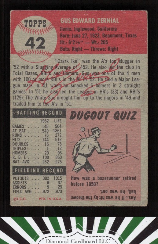 1953 Topps #42 Gus Zernial VG b, back