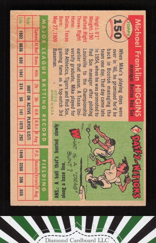 1955 Topps #150 Mike Higgins VGEX+ h, back