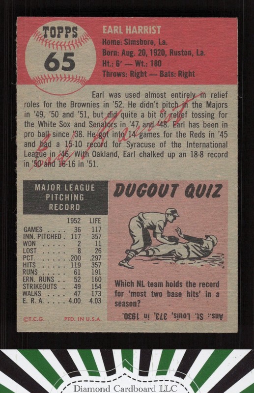1953 Topps #65 Earl Harrist VGEX+ [CENTERED] f, back