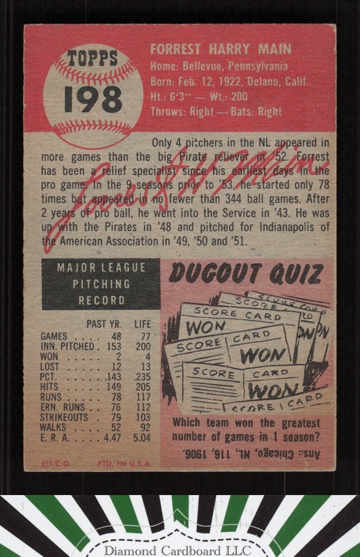 1953 Topps #198 Forrest Main VGEX g, back