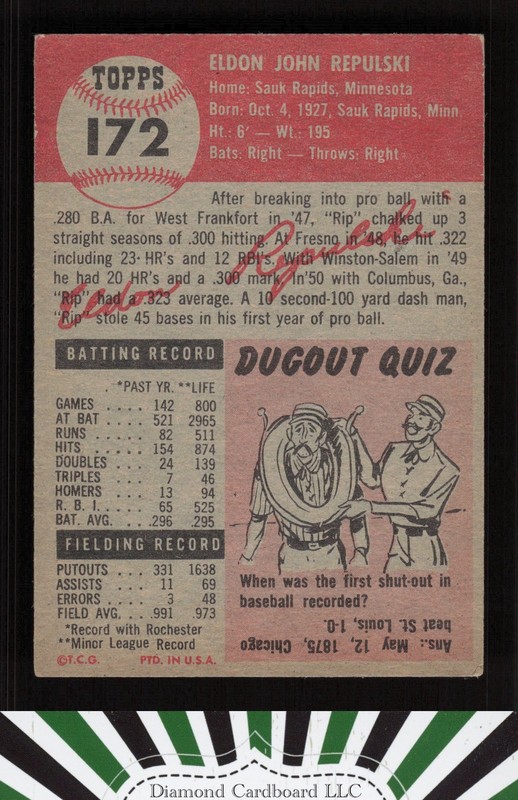 1953 Topps #172 Rip Repulski VGEX+ [CENTERED] h, back