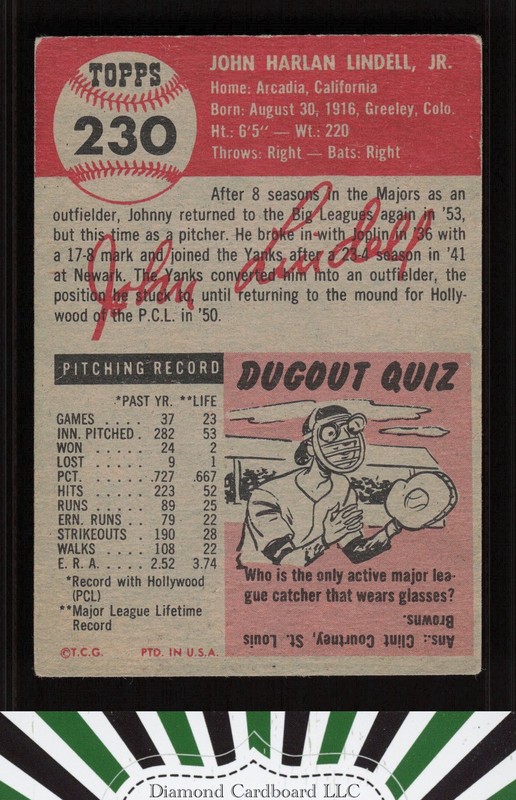 1953 Topps #230 Johnny Lindell VG e, back