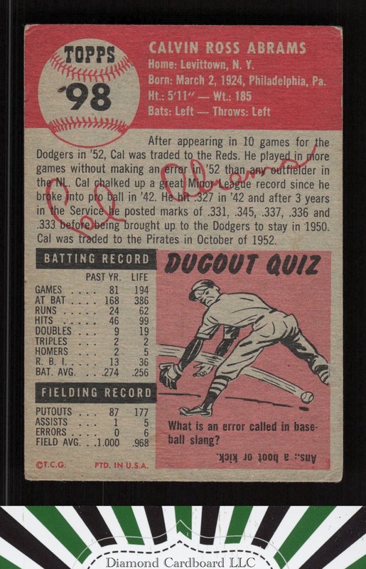 1953 Topps #98 Cal Abrams : Bio uses white text VG b, back