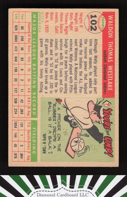 1955 Topps #102 Wally Westlake VG+ j, back
