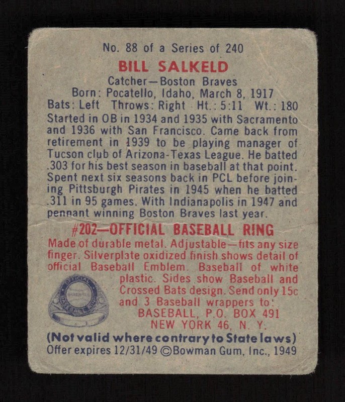 1949 Bowman #88b Bill Salkeld Name On Front GD, back