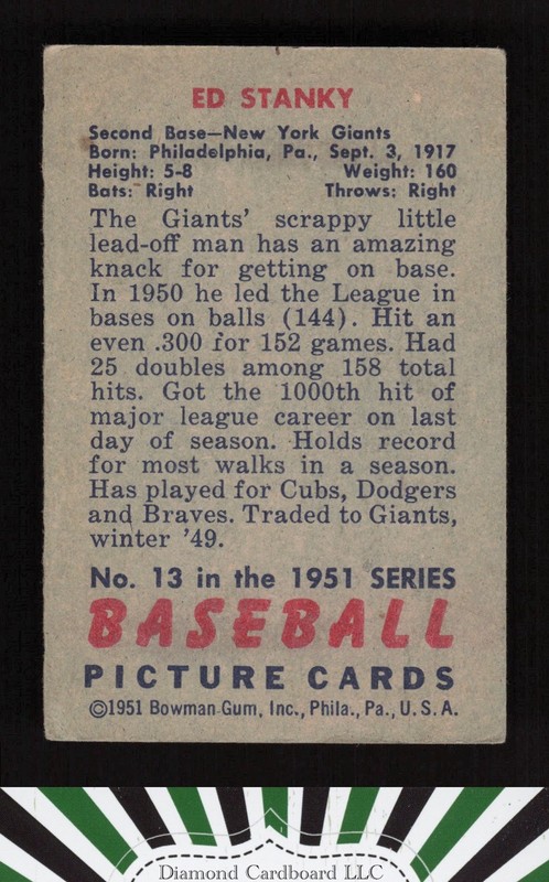 1951 Bowman #13 Eddie Stanky VGEX, back