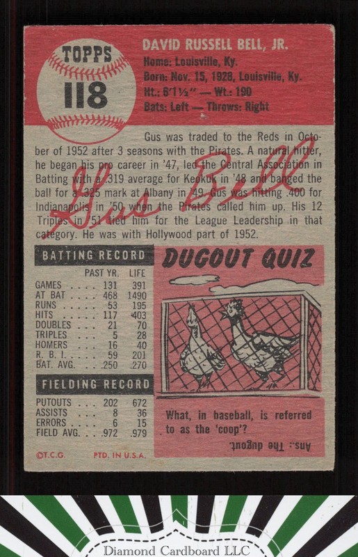 1953 Topps #118 Gus Bell : Bio uses black text VGEX d, back