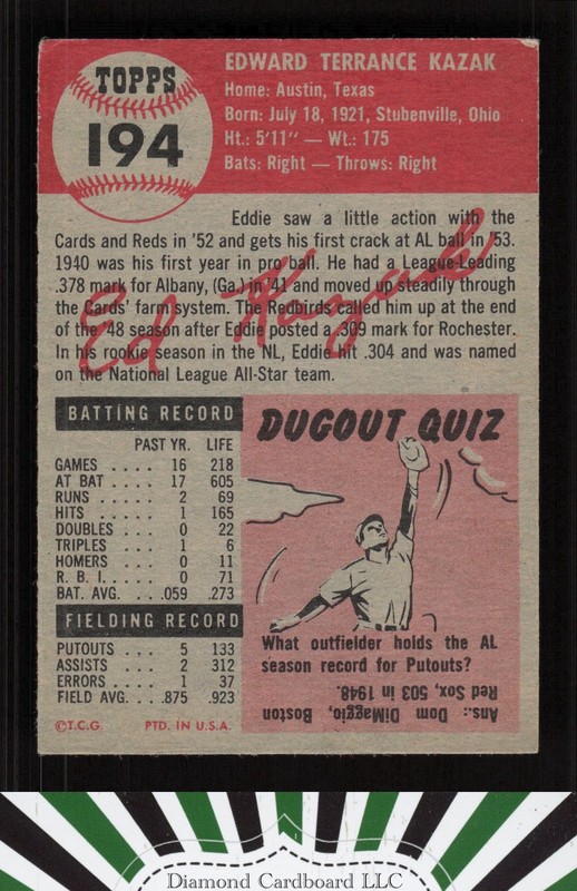 1953 Topps #194 Eddie Kazak VGEX+ g, back