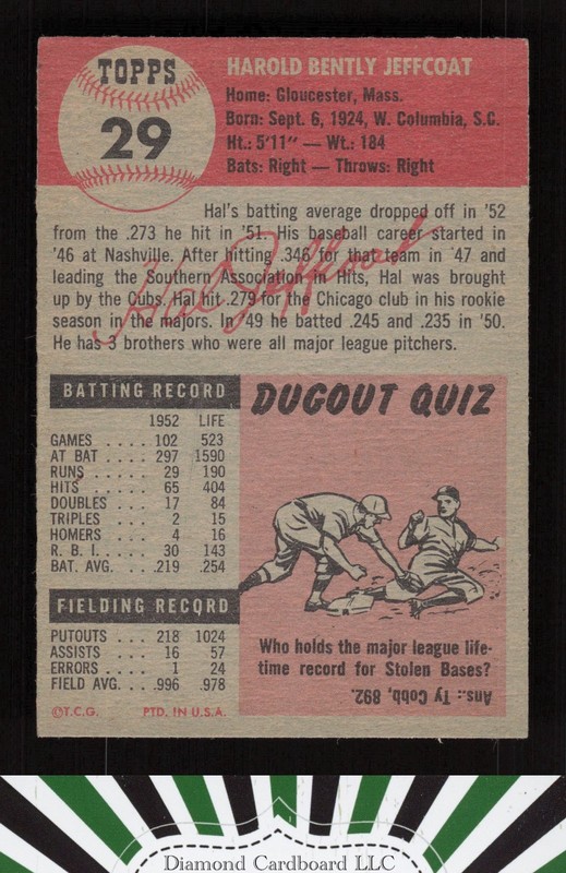 1953 Topps #29 Hal Jeffcoat EX g, back