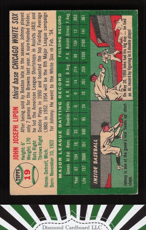 1954 Topps #19 Johnny Lipon GD+ d, back