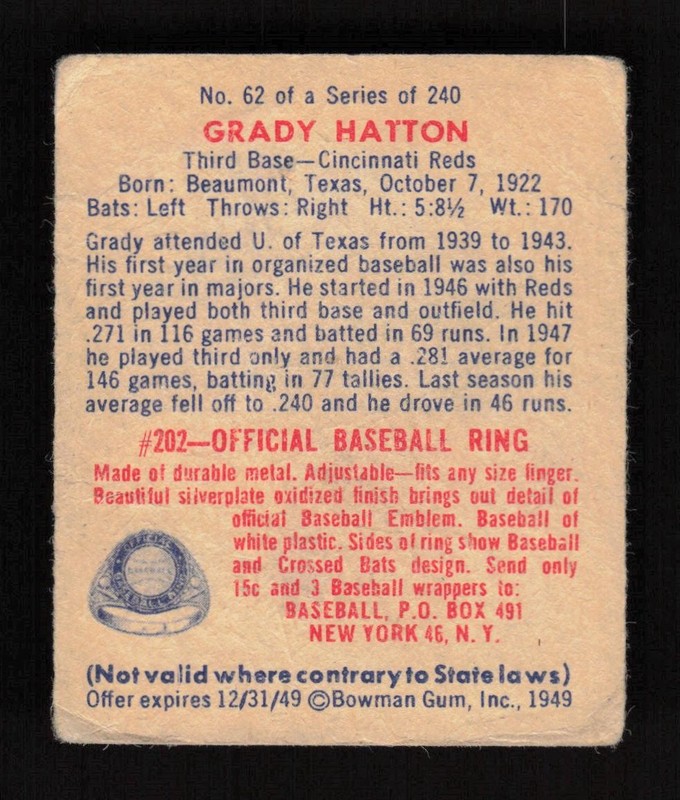 1949 Bowman #62 Grady Hatton FR, back