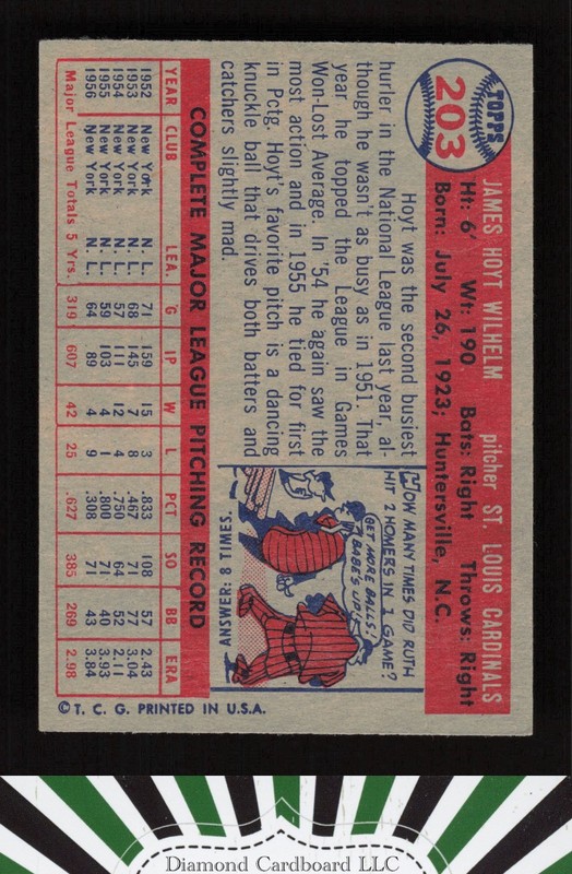 1957 Topps #203 Hoyt Wilhelm EX i, back