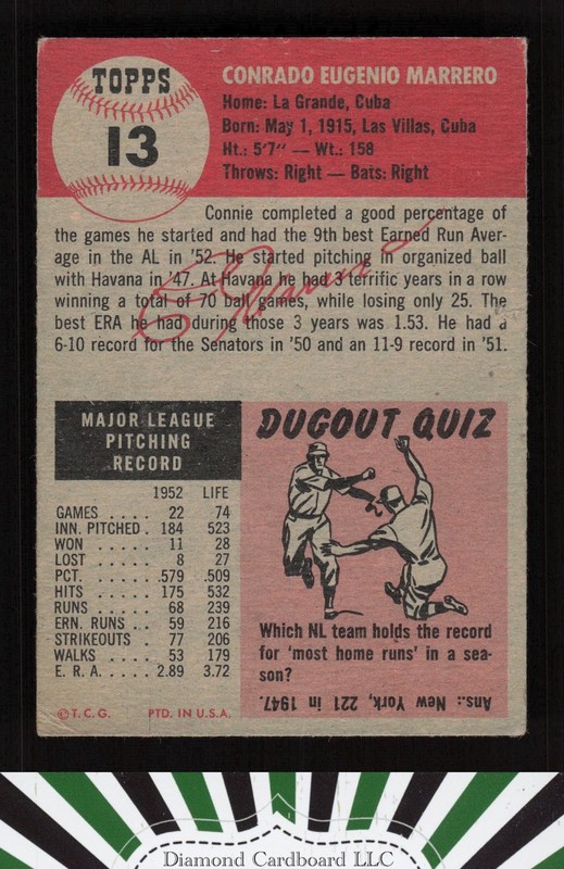 1953 Topps #13 Connie Marrero VGEX d, back