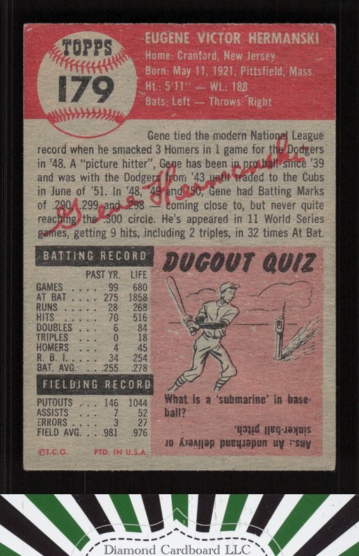 1953 Topps #179 Gene Hermanski VGEX+ [GOOD CENTERING] e, back