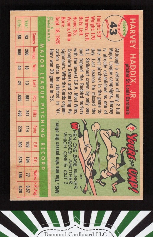 1955 Topps #43 Harvey Haddix VGEX g, back