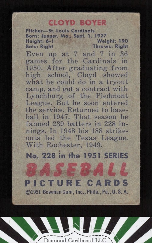 1951 Bowman #228 Cloyd Boyer VG+, back