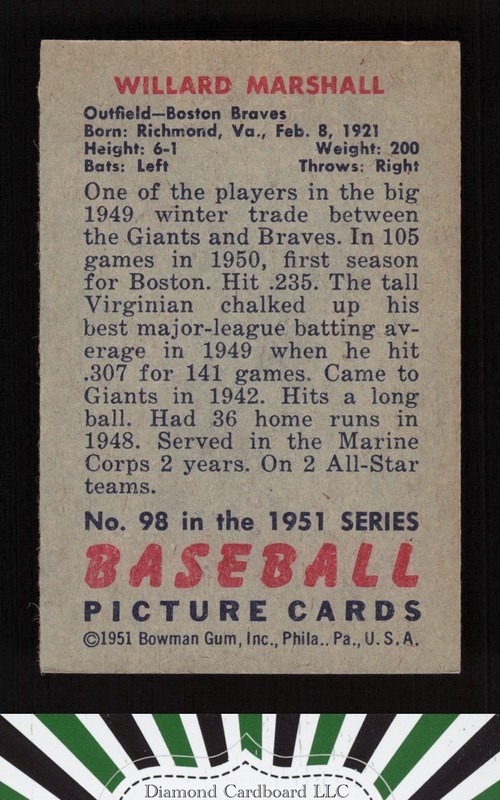 1951 Bowman #98 Willard Marshall EX, back