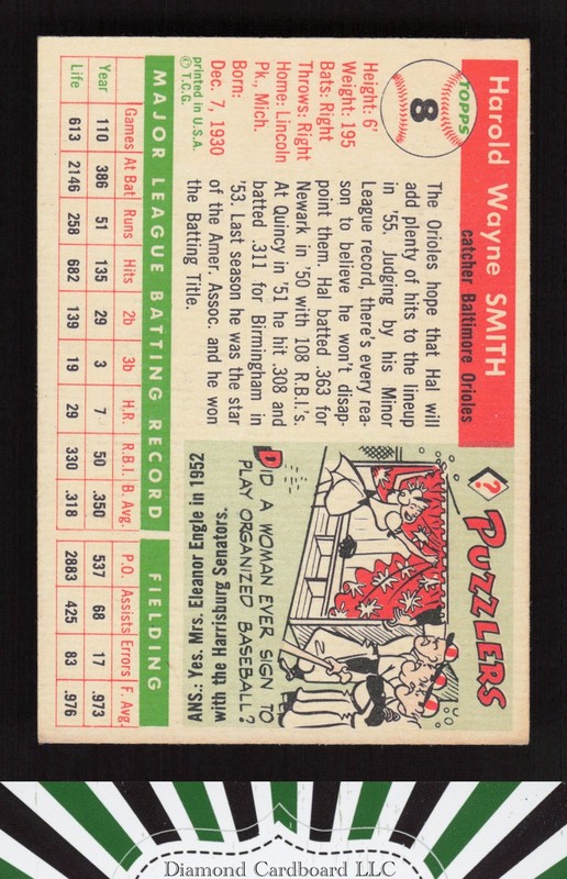 1955 Topps #8 Hal Smith VGEX l, back