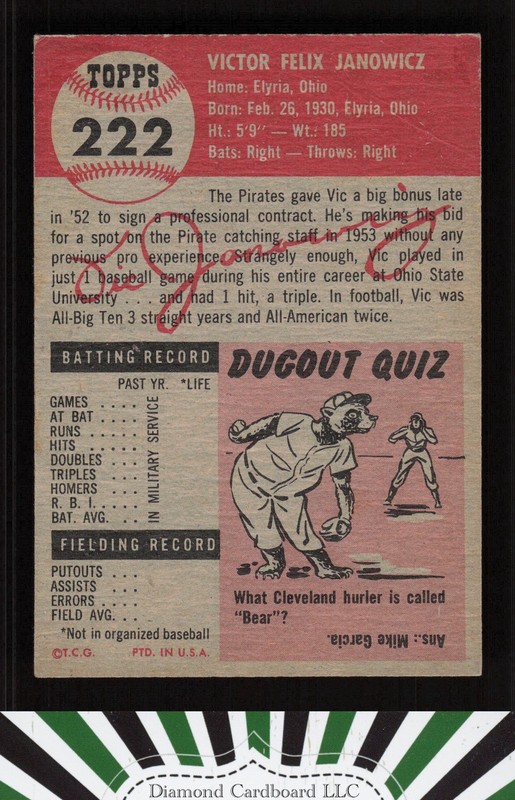 1953 Topps #222 Vic Janowicz VG+ c, back