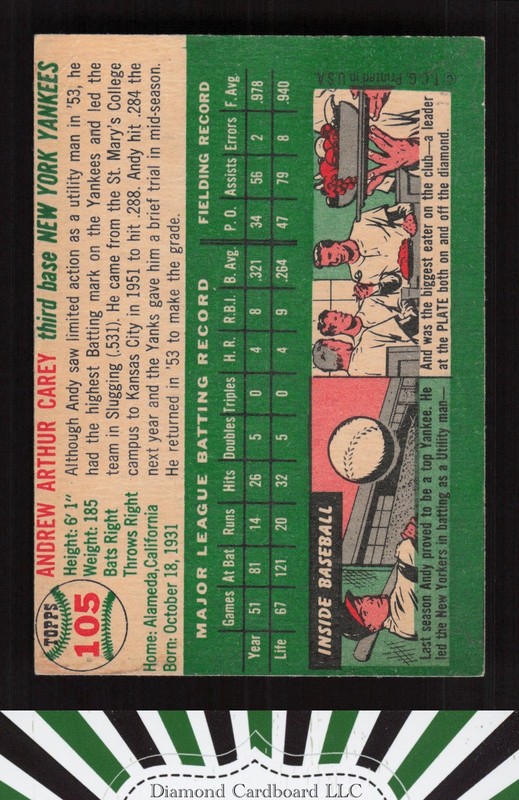 1954 Topps #105 Andy Carey VG m, back
