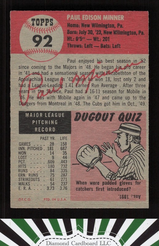 1953 Topps #92 Paul Minner : Bio uses black text VGEX f, back