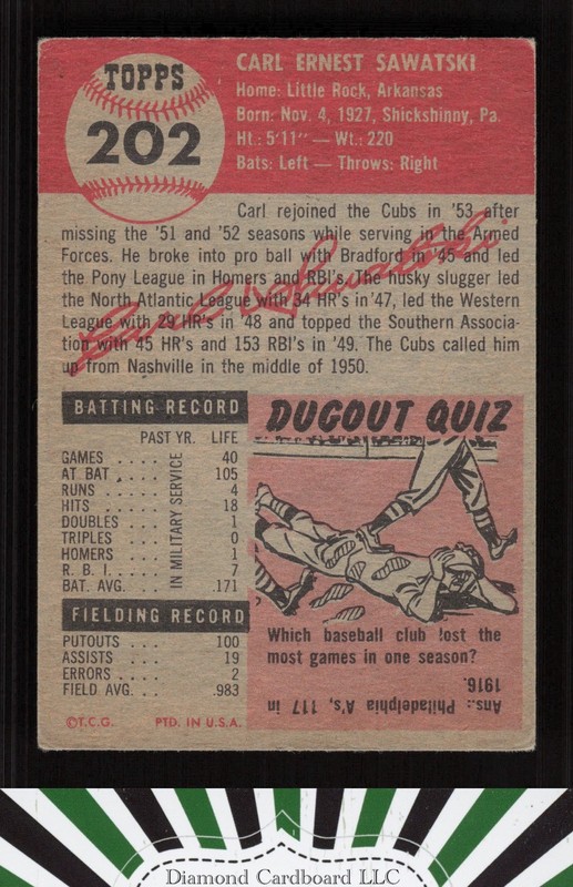 1953 Topps #202 Carl Sawatski VG d, back