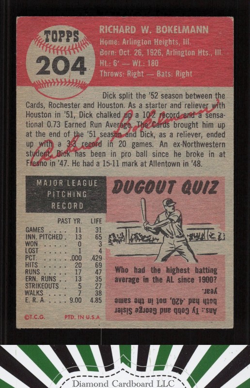 1953 Topps #204 Dick Bokelmann VGEX+ f, back