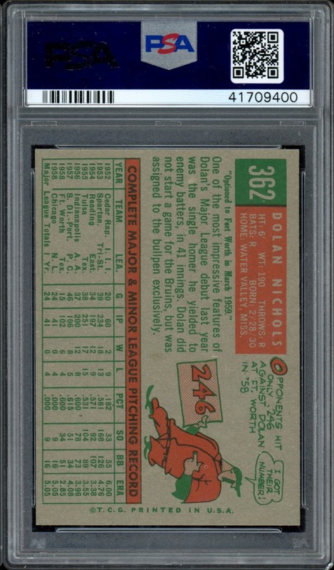 1959 Topps #362 Dolan Nichols PSA 8 With Option Statement Rookie [STUNNER], back