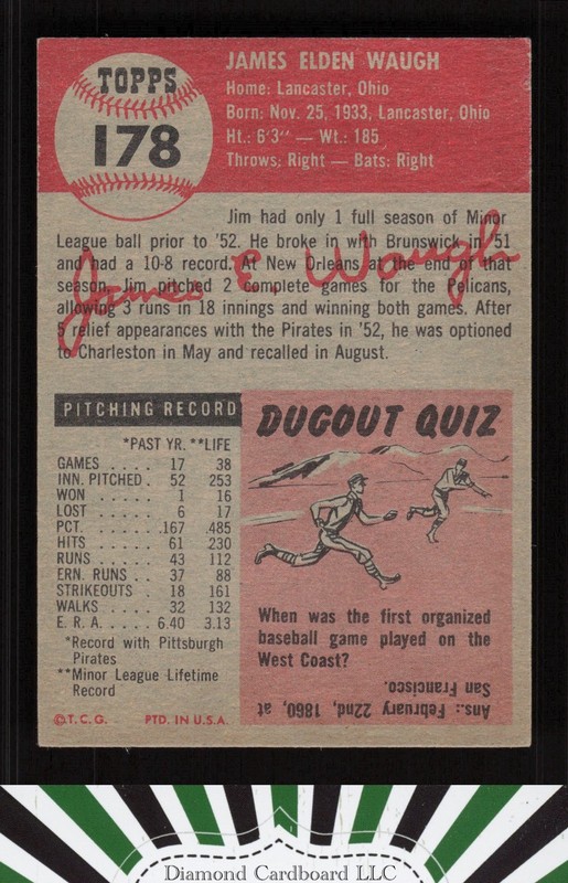 1953 Topps #178 Jim Waugh EX h, back