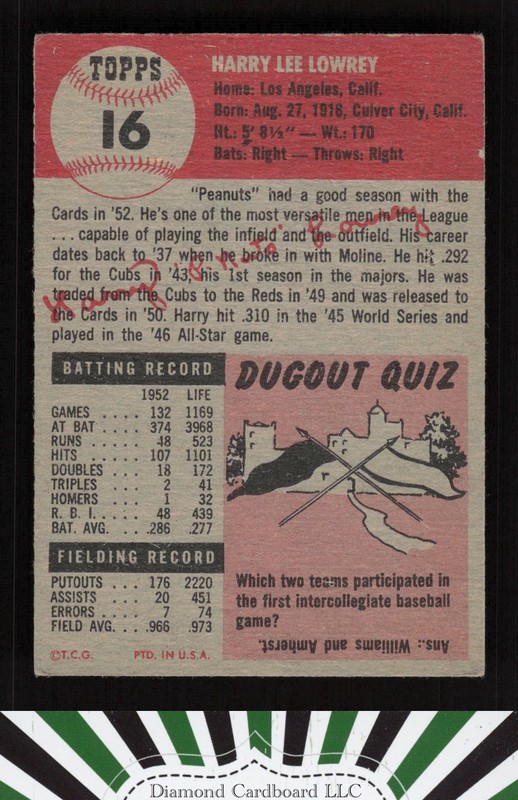 1953 Topps #16 Peanuts Lowrey VG e, back