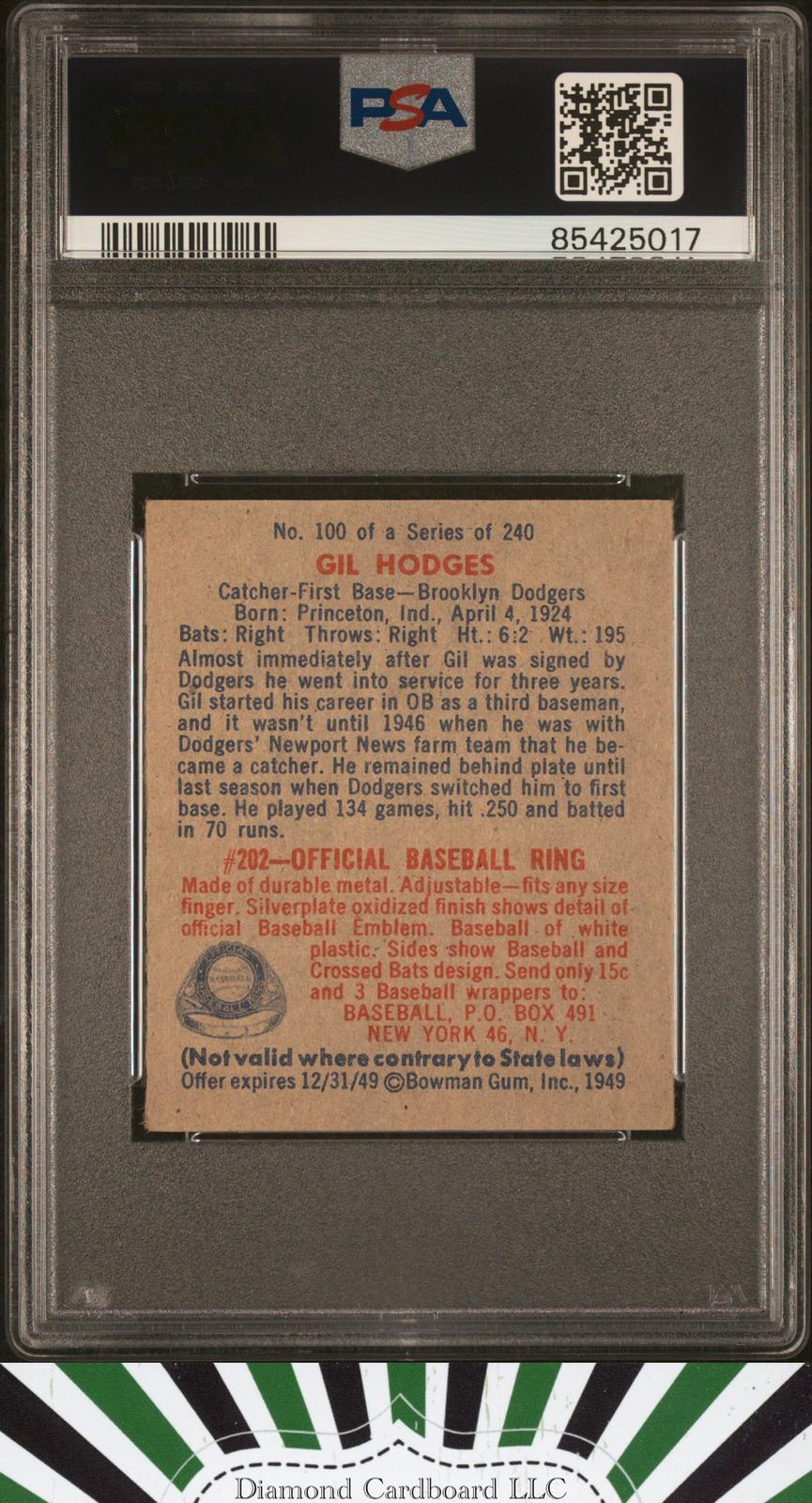 1949 Bowman #100 Gil Hodges PSA 7 HOF RC, back
