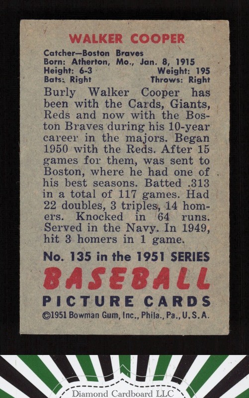 1951 Bowman #135 Walker Cooper VGEX [CENTERED], back
