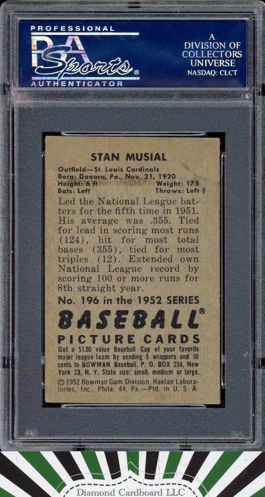 1952 Bowman #196 Stan Musial PSA 3, back