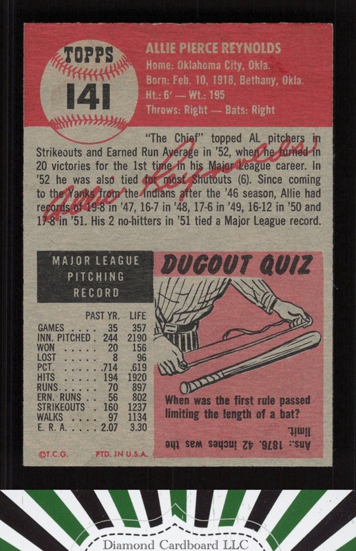 1953 Topps #141 Allie Reynolds : Bio uses white text EX+ g, back