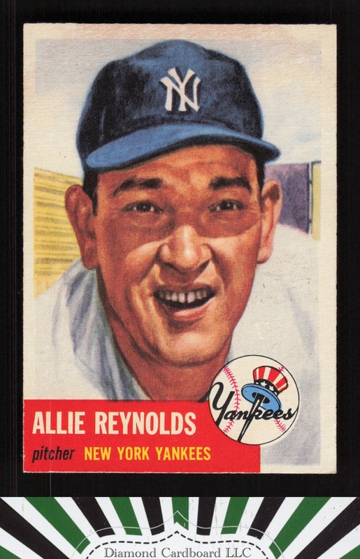 1953 Topps #141 Allie Reynolds : Bio uses white text EX+ g, front