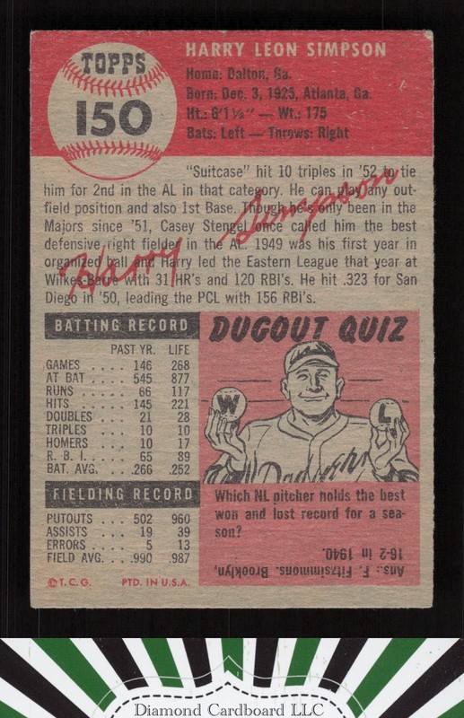 1953 Topps #150 Harry Simpson : Bio uses black text VGEX+ f, back