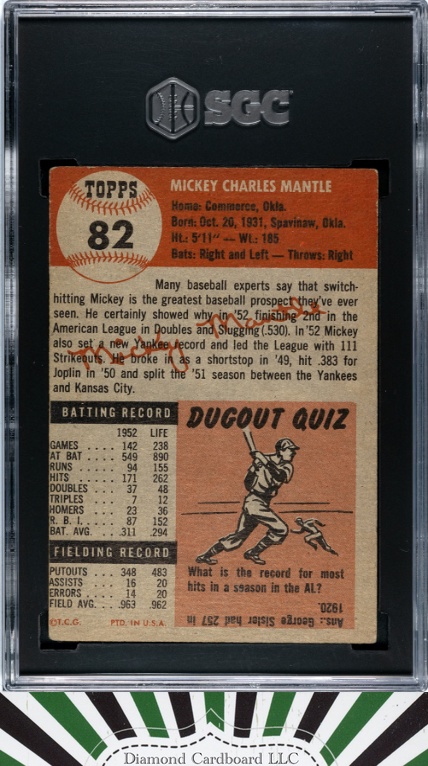 1953 Topps #82 Mickey Mantle SGC 2, back