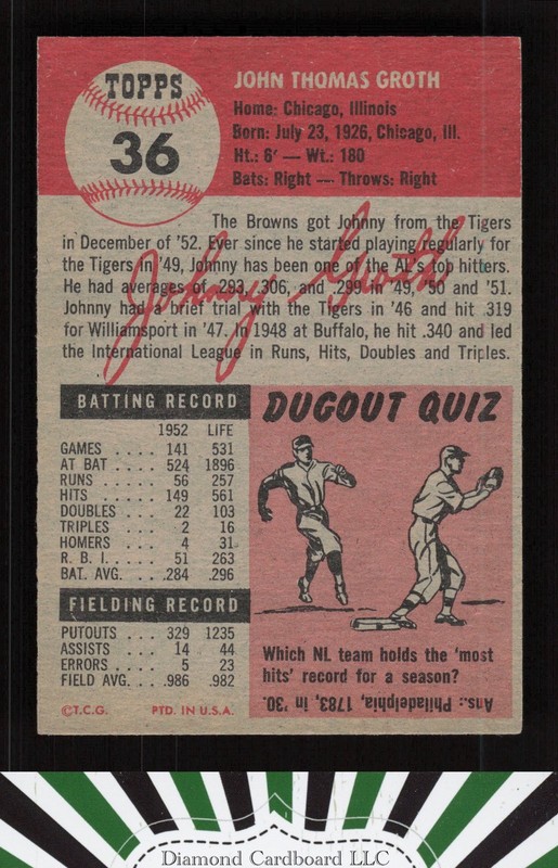 1953 Topps #36 Johnny Groth NM i, back