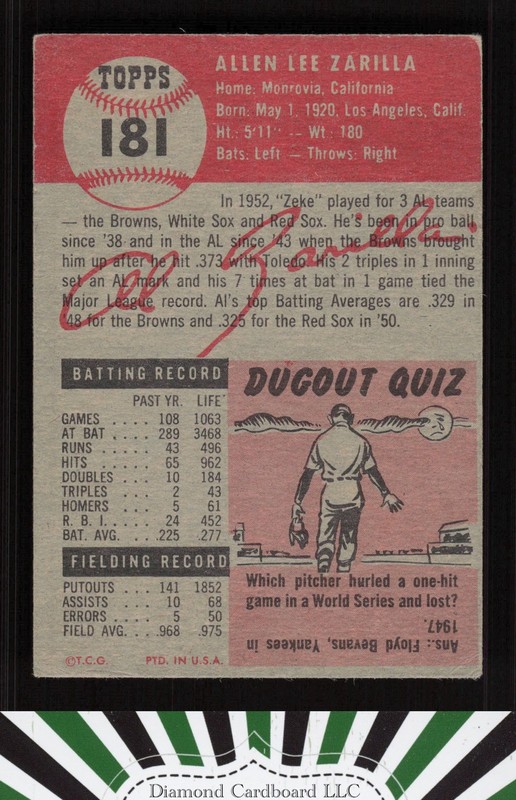 1953 Topps #181 Al Zarilla EX e, back