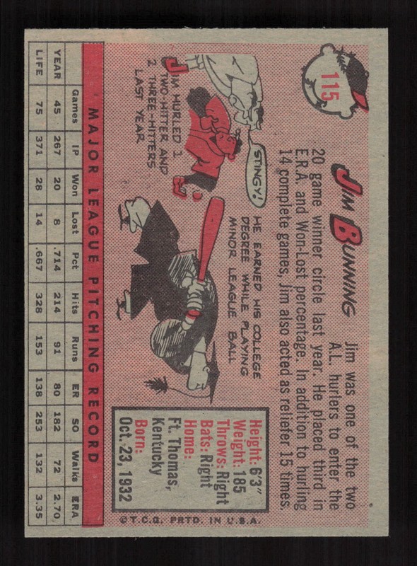 1958 Topps #115 Jim Bunning EX [CENTERED]  a, back