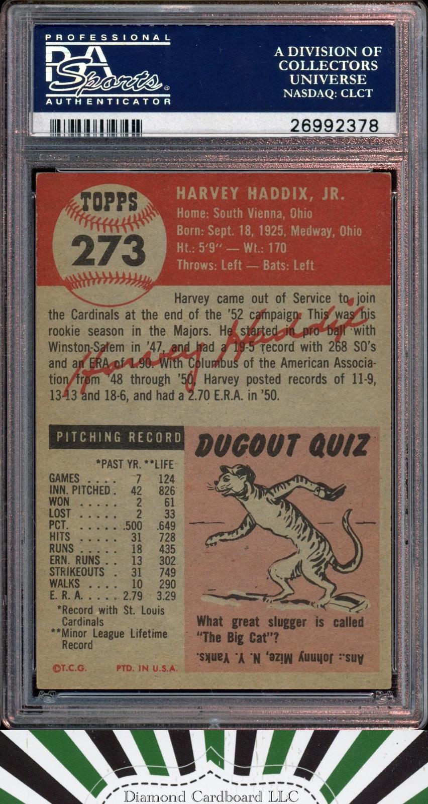 1953 Topps #273 Harvey Haddix PSA 5.5 RC, back
