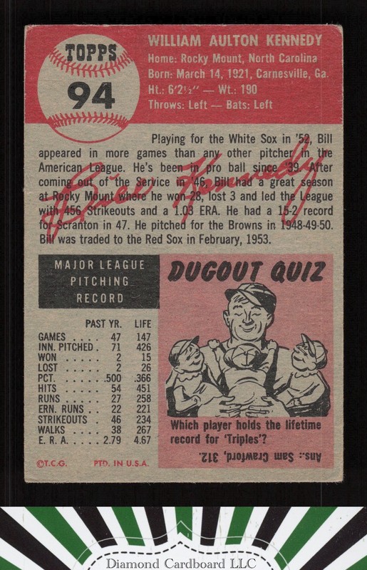 1953 Topps #94 Bill Kennedy : Bio uses white text VG c, back