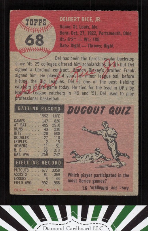 1953 Topps #68 Del Rice VGEX c, back