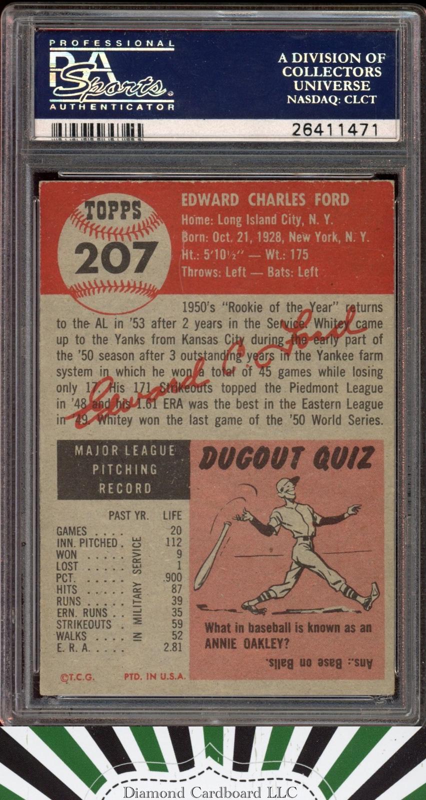 1953 Topps #207 Whitey Ford PSA 6 [STUNNING EYE APPEAL], back