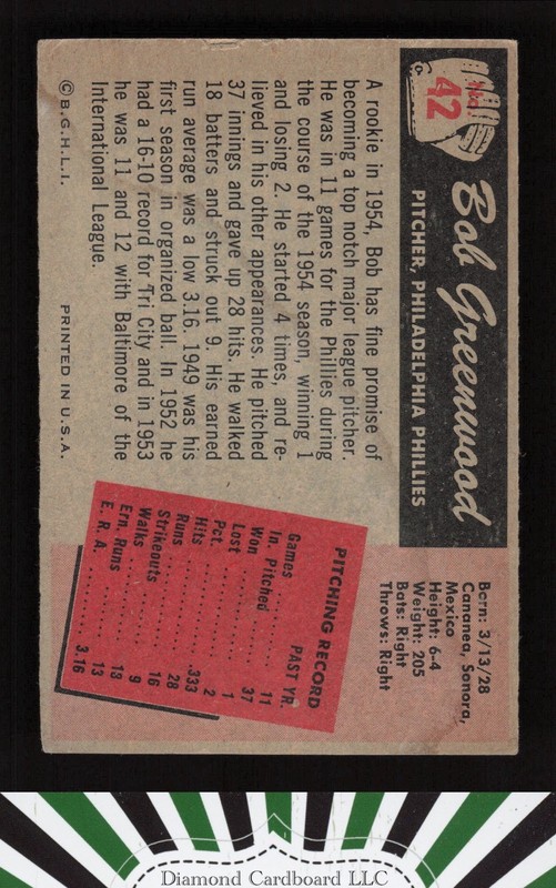 1955 Bowman #42 Bob Greenwood VGEX, back