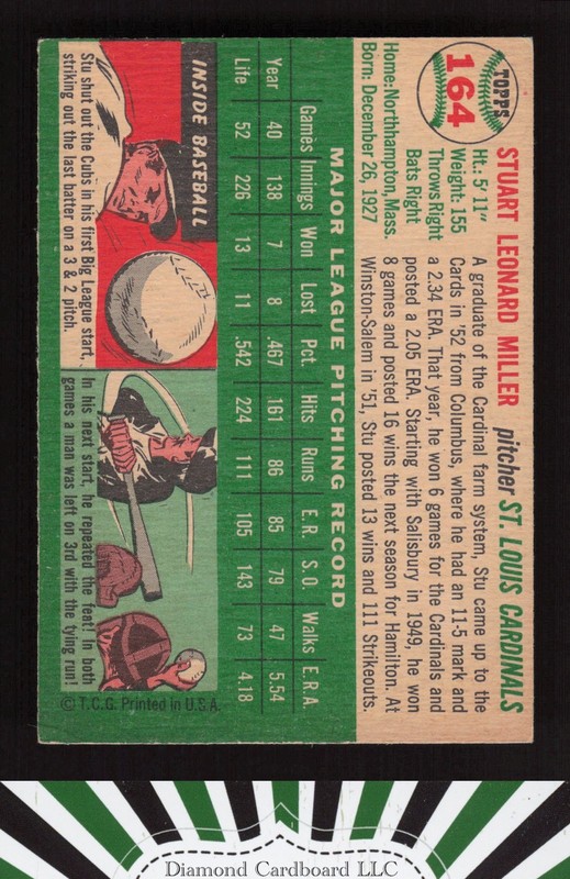 1954 Topps #164 Stu Miller VGEX e, back