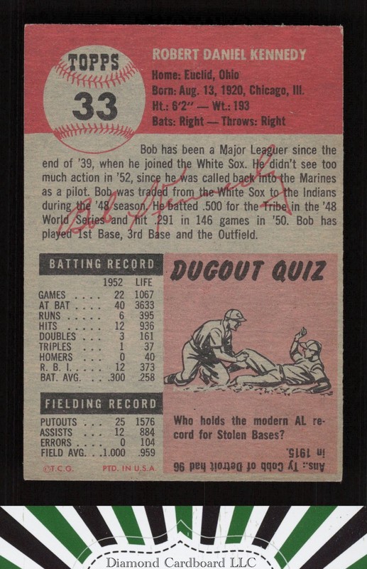 1953 Topps #33 Bob Kennedy EX e, back
