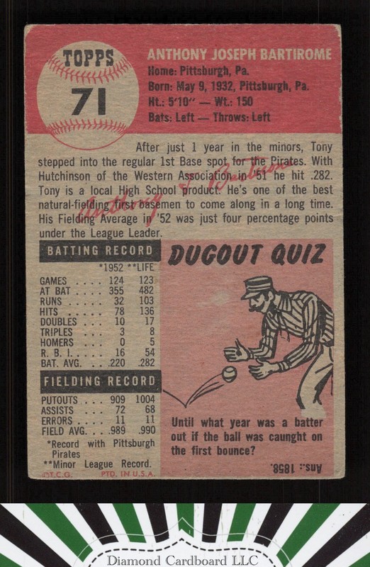 1953 Topps #71 Tony Bartirome VG c, back